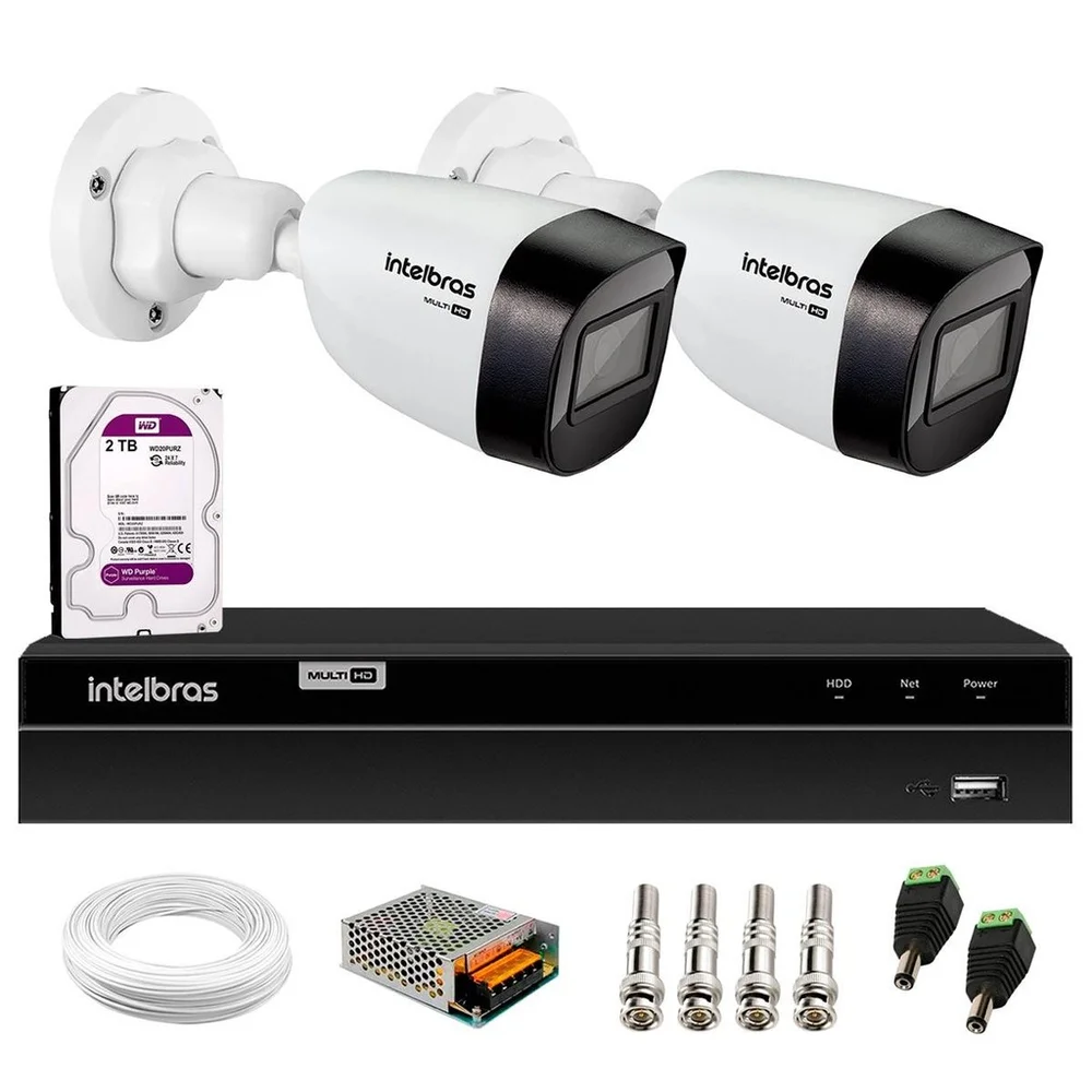 Kit 2 Câmeras Intelbras Vhd 1130 B Hd 720p Bullet Lente 2.8mm Visão Noturna 30m Resistente À Chuva Ip67 + Dvr Intelbras Mhdx 1204 4 Canais + Hd 2TB