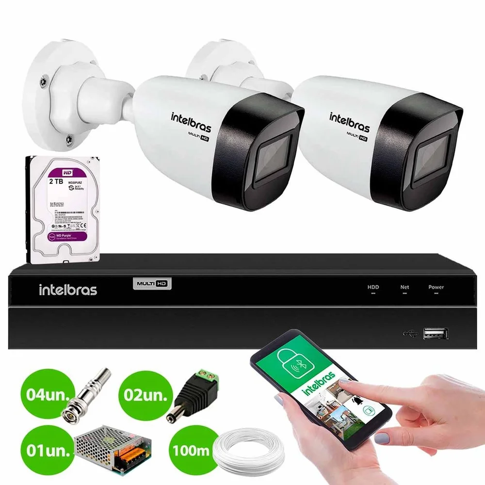 Kit 2 Câmeras Intelbras Vhd 1130 B Hd 720p Bullet Lente 2.8mm Visão Noturna 30m Resistente À Chuva Ip67 + Dvr Intelbras Mhdx 1204 4 Canais + Hd 2TB