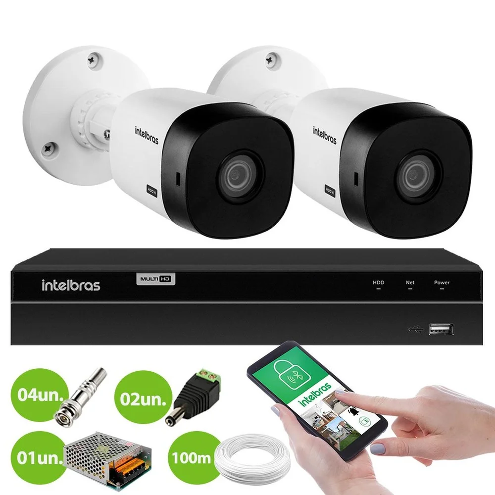 Kit 2 Câmeras Bullet Hd 720p Vhl 1120 B Infra 20m Dvr Gravador De Video Intelbras Mhdx 1204 4 Canais