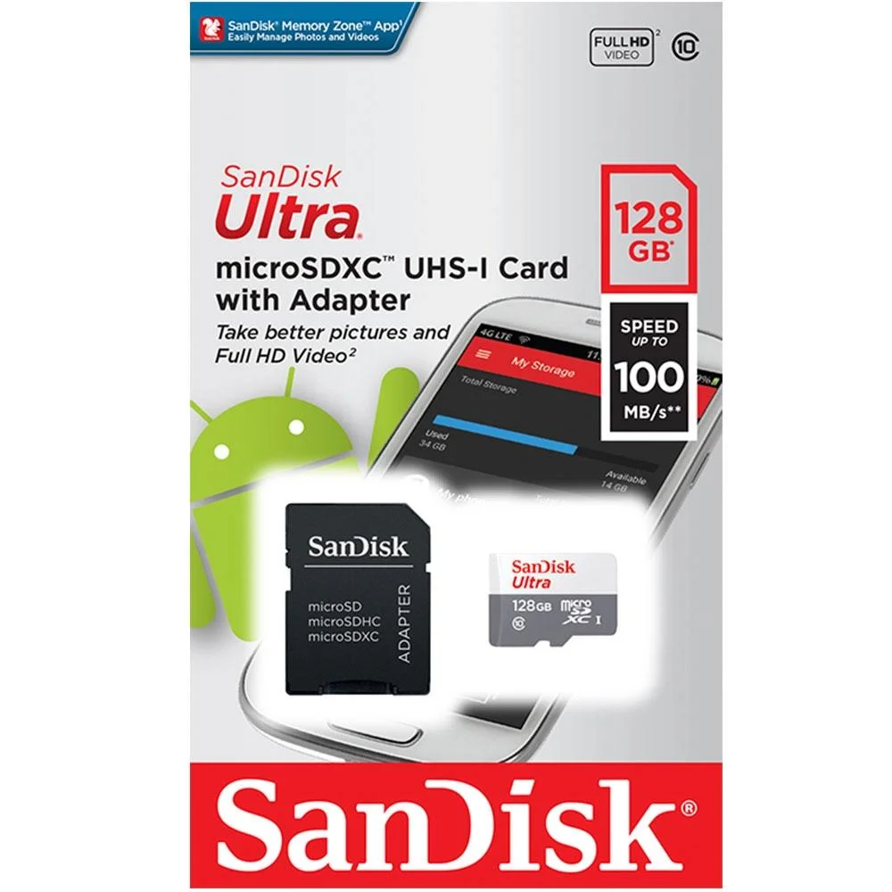 Cartão De Memória SanDisk, 128GB, MicroSD Classe 10, 100MB/s Ultra - Sdsqunr-128g-Gn3ma