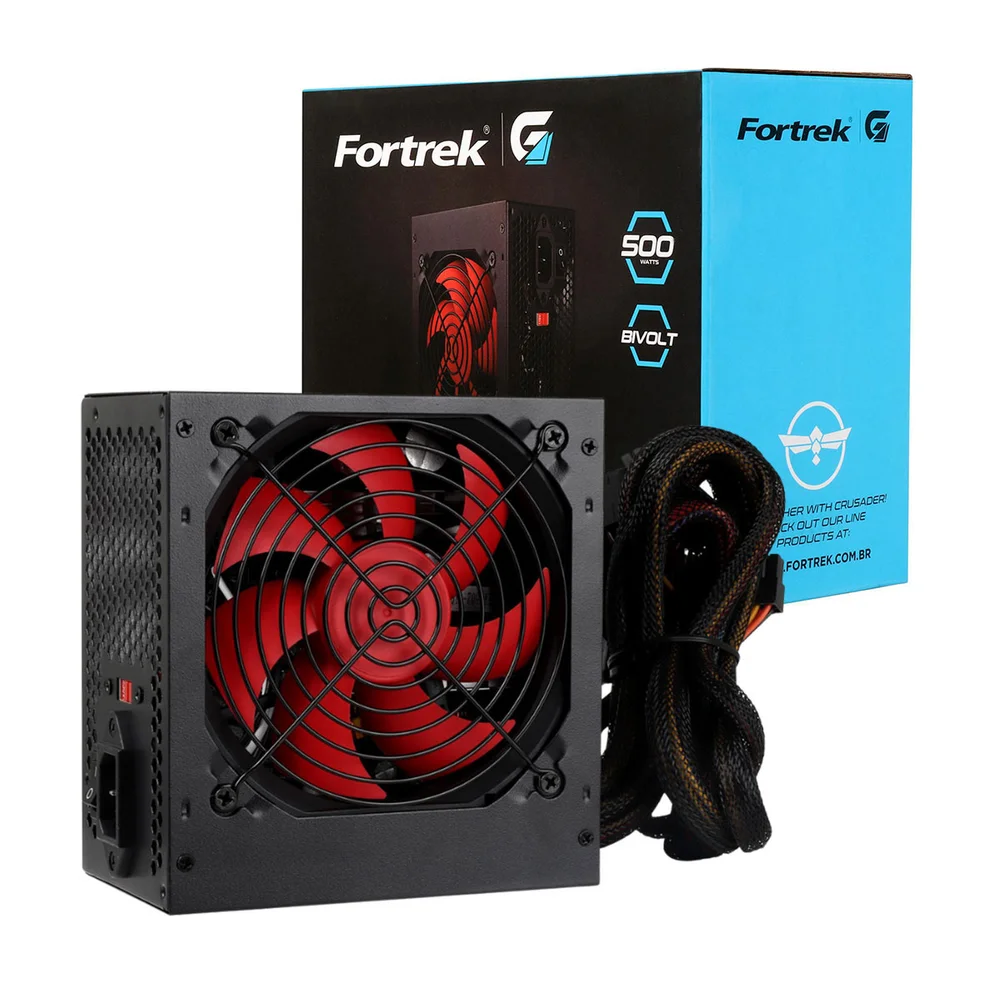 Fonte Atx Fortrek Crusader, 500w, Bivolt Manual, Cooler 120mm, Preto