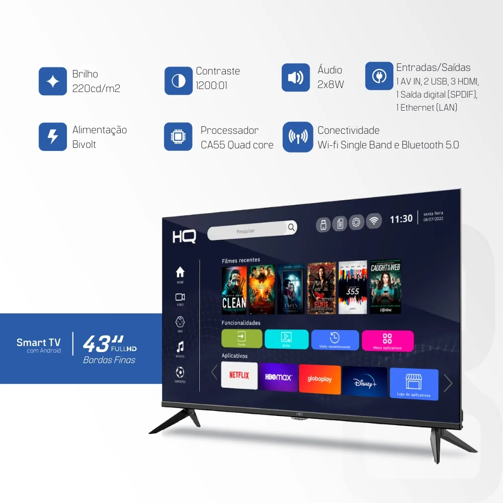 Smart Tv 43 Polegadas, HQ, LED, Ultra HD, Conversor Digital, 2 HDMI, 2 USB, Wi-Fi - HQSTV43NK-66524 Smart Tv 43 Polegadas, HQ, LED, Ultra HD, Conversor Digital, 2 HDMI, 2 USB, Wi-Fi - HQSTV43NK-66524