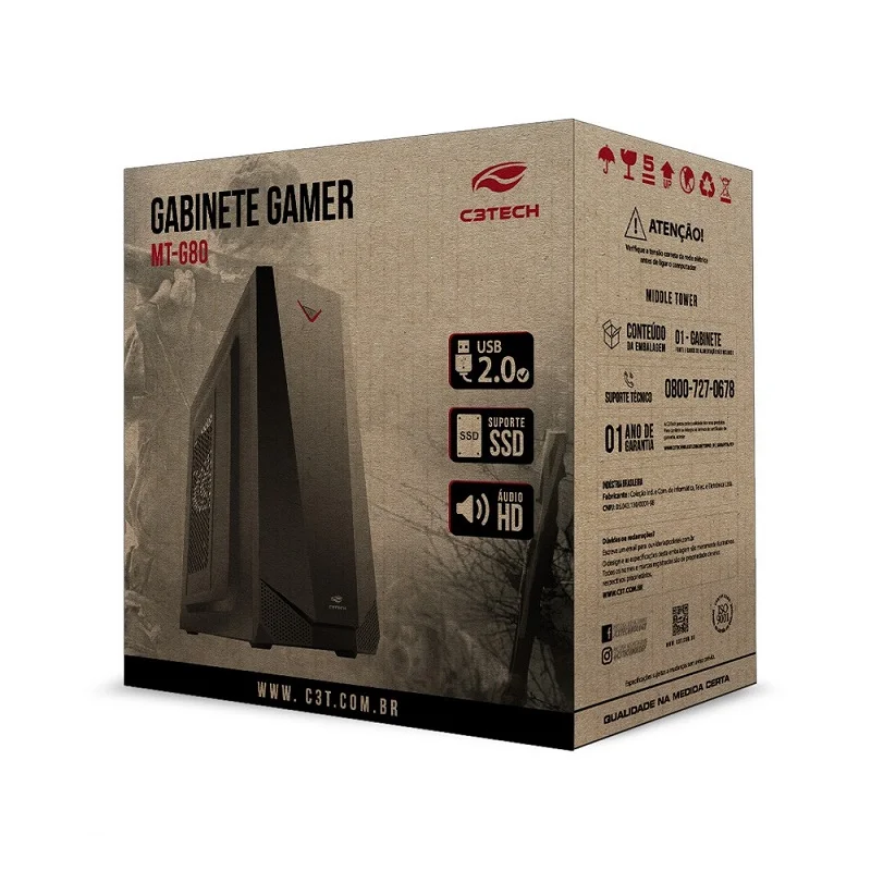 Gabinete Gamer C3tech MT-G80BK, Mid Tower, ATX, Preto Gabinete Gamer C3tech MT-G80BK, Mid Tower, ATX, Preto