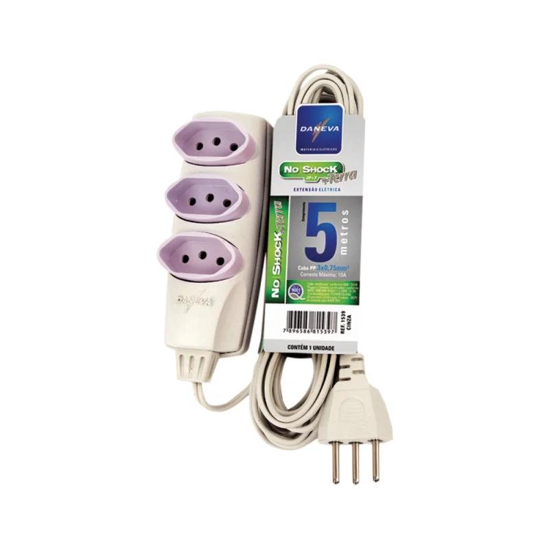 Extensao Tripla Pp 3 X 0,75mm 2p+t Nbr 5 Metros No Shock Daneva