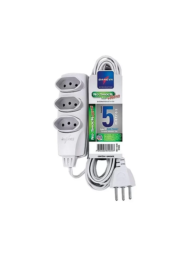 Extensao Tripla Pp 3 X 0,75mm 2p+t Nbr 5 Metros No Shock Daneva