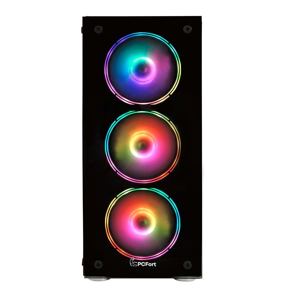 Gabinete Gamer Pcfort Endless, Mid Tower, RGB, Lateral E Frontal Em Vidro, Com 3 Fans RGB, Preto Gabinete Gamer Pcfort Endless, Mid Tower, RGB, Lateral E Frontal Em Vidro, Com 3 Fans RGB, Preto