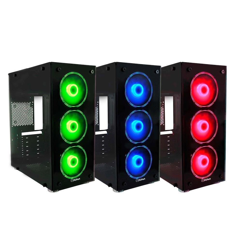 Gabinete Gamer Pcfort Endless, Mid Tower, RGB, Lateral E Frontal Em Vidro, Com 3 Fans RGB, Preto Gabinete Gamer Pcfort Endless, Mid Tower, RGB, Lateral E Frontal Em Vidro, Com 3 Fans RGB, Preto