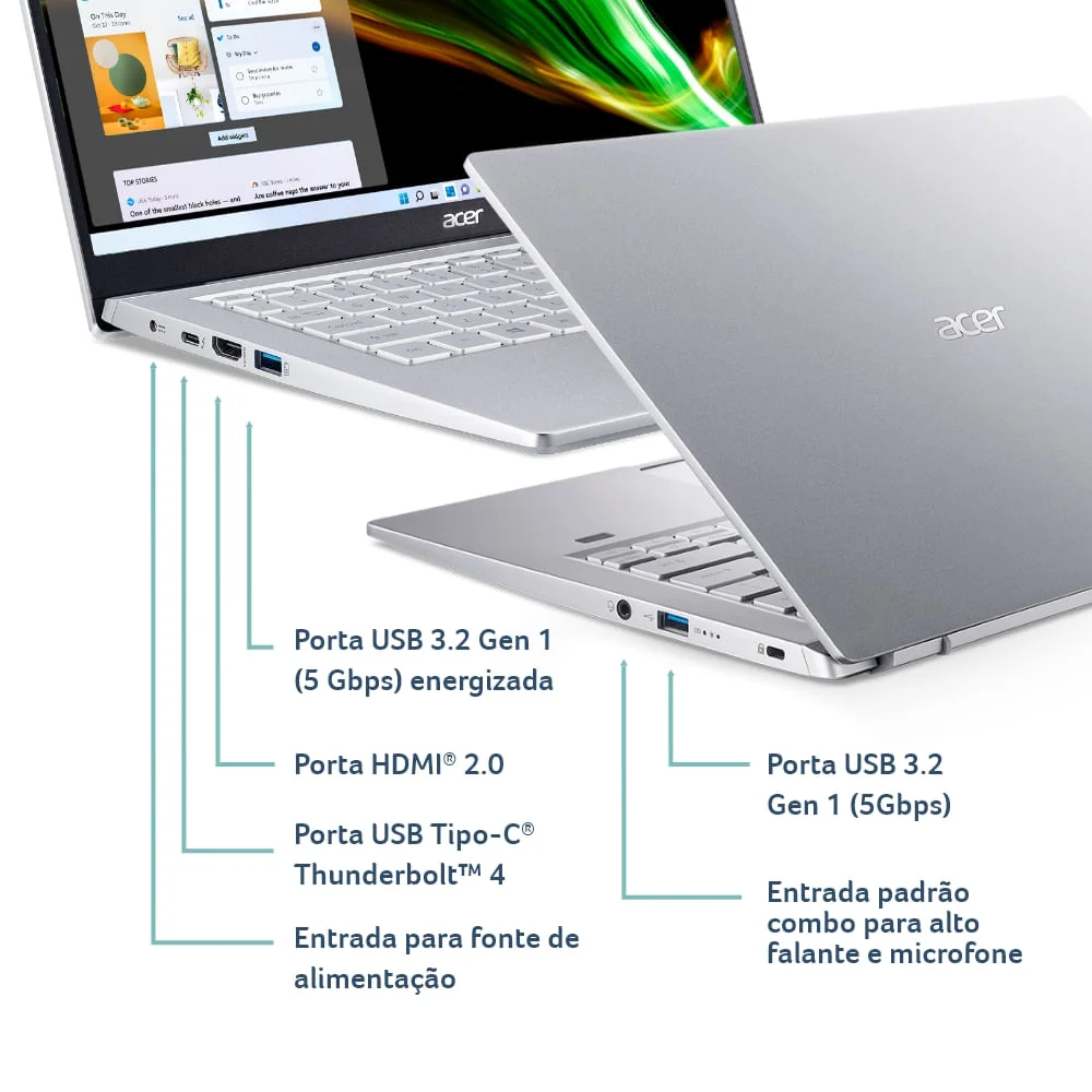 Notebook Acer Swift 3 Ultrafino, Intel Core i5-1135g7, 8GM RAM, SSD 512GB, Tela 14 Polegadas FullHD, Windows 11 - SF314-511-58K4 Notebook Acer Swift 3 Ultrafino, Intel Core i5-1135g7, 8GM RAM, SSD 512GB, Tela 14 Polegadas FullHD, Windows 11 - SF314-511-58K4