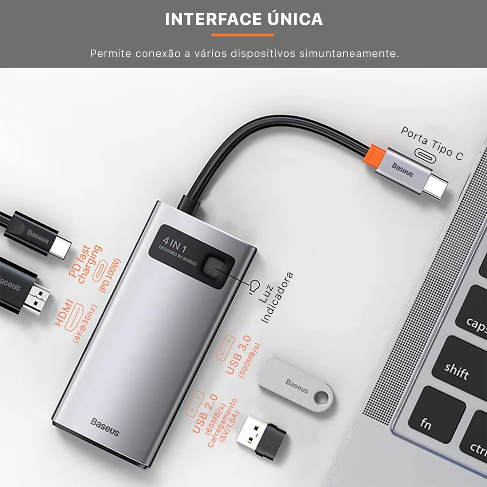 Adaptador HUB Baseus 4 Em 1, USB-A/USB-C/HDMI/PD, Dockstation 4K em Campinas - foto 5