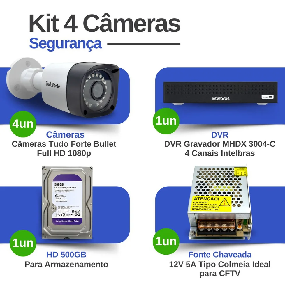 Kit 4 Câmeras Intelbras Tf 1220b, Full Hd 1080p, Visão Noturna 20m, Proteção Ip66 + Dvr Gravador Intelbras Mhdx 3004-c, 4 Canais + Hd 500gb