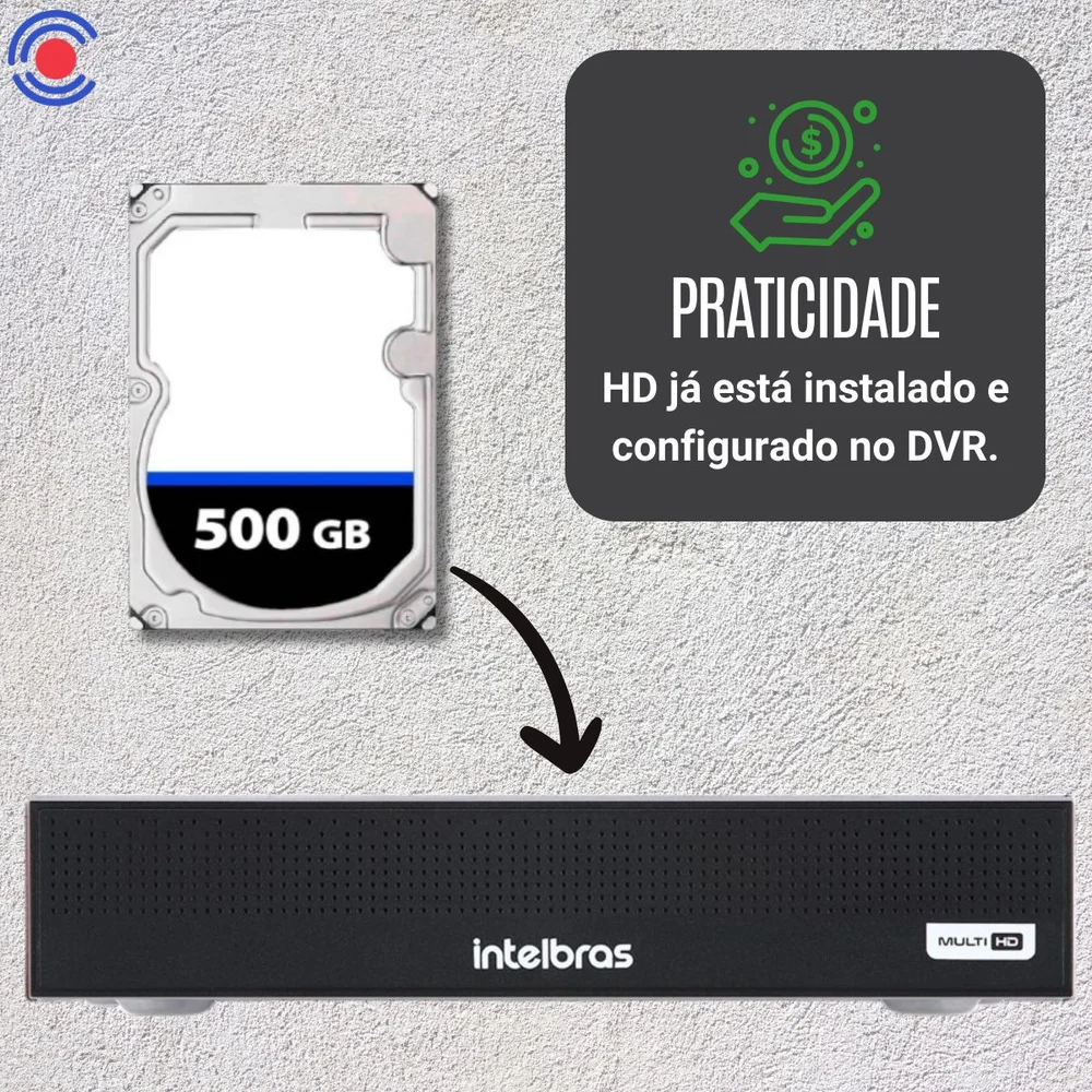 Kit 4 Câmeras Intelbras Vhd 1220 B G7, Full Color, Bullet, Full HD 1080p, Multi Hd Ir 20m + Dvr Gravador De Vídeo Intelbras Mhdx 3004-c + HD 500GB