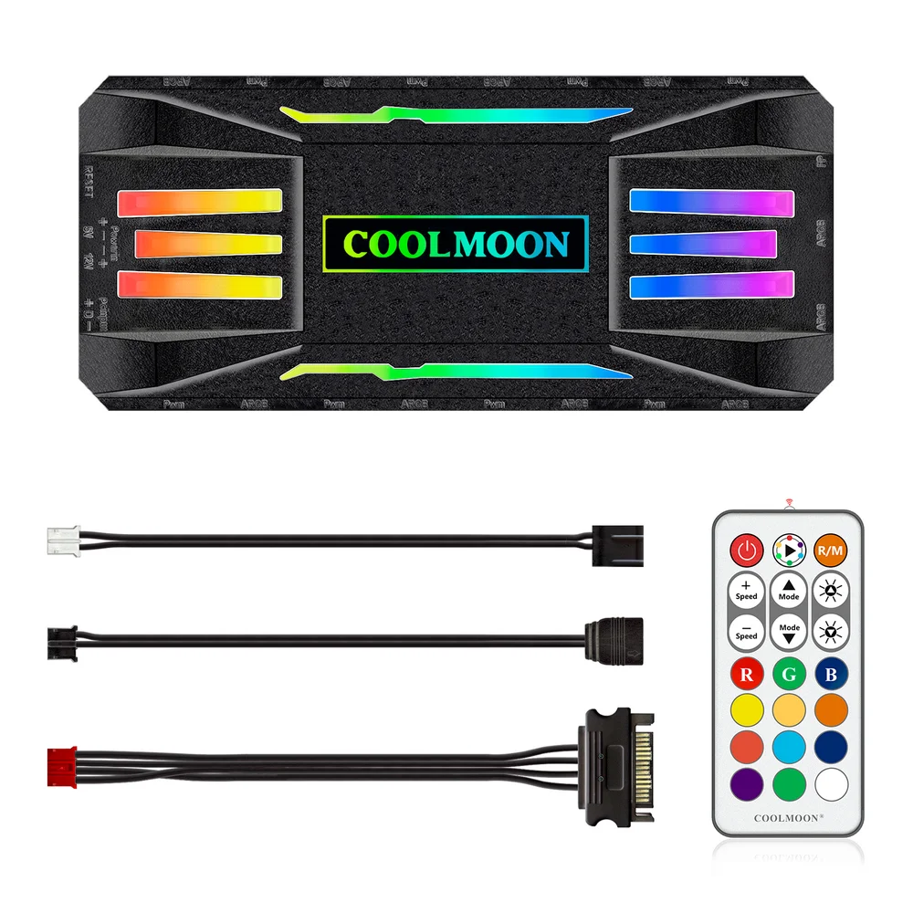 Controladora Fans Coolmoon ARGB, 5v, 3 Pinos com 10 portas, Hub Pwm, 4 Pinos com 8 portas, Preta