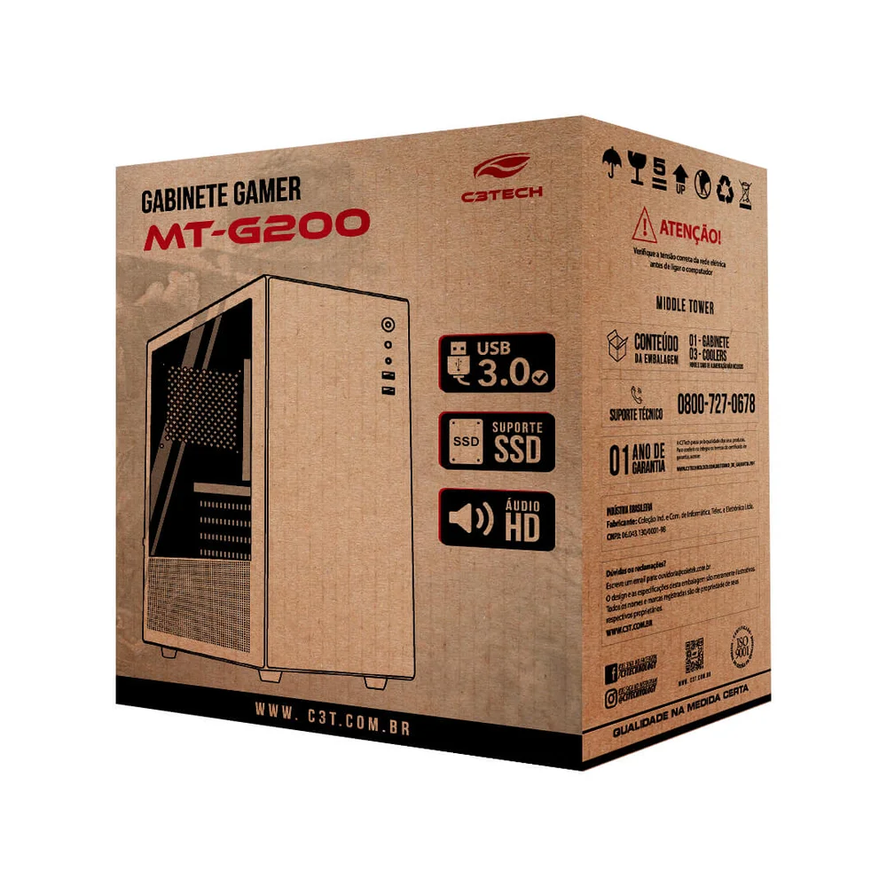 Gabinete C3tech Mt-g200wh, Com 3 Fans Gabinete C3tech Mt-g200wh, Com 3 Fans