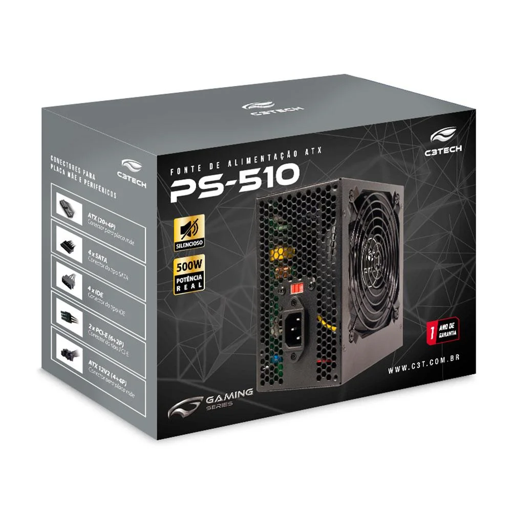 Fonte De Alimentacao C3tech, ATX, 500w, S/cabo - Ps-510bk Fonte De Alimentacao C3tech, ATX, 500w, S/cabo - Ps-510bk
