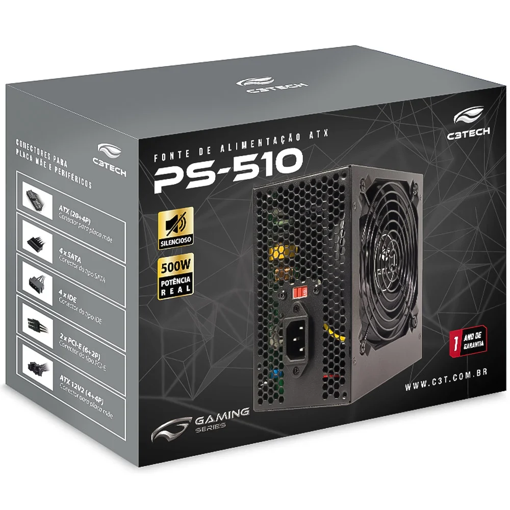 Fonte De Alimentacao C3tech, ATX, 500w, S/cabo - Ps-510bk Fonte De Alimentacao C3tech, ATX, 500w, S/cabo - Ps-510bk