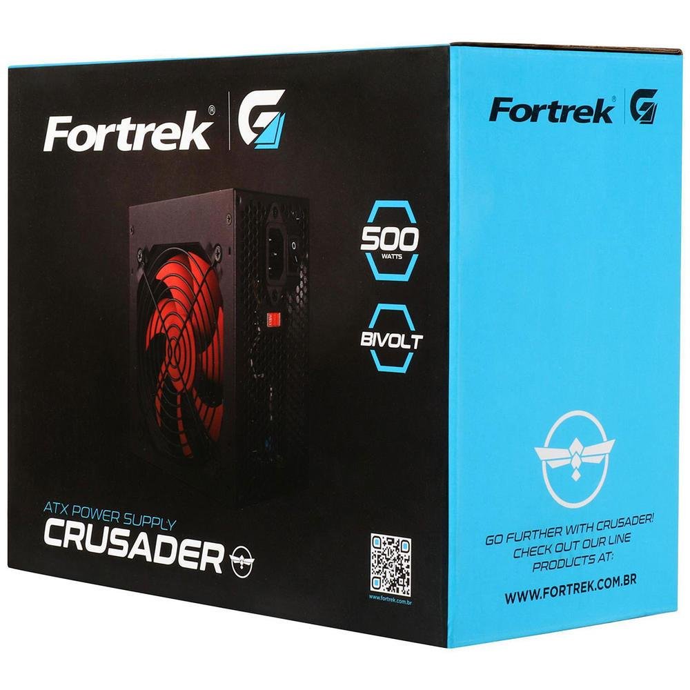 Fonte Atx 500w Fortrek Crusader, Bivolt Manual, Cooler 120mm, Preto - 76955 Fonte Atx 500w Fortrek Crusader, Bivolt Manual, Cooler 120mm, Preto - 76955