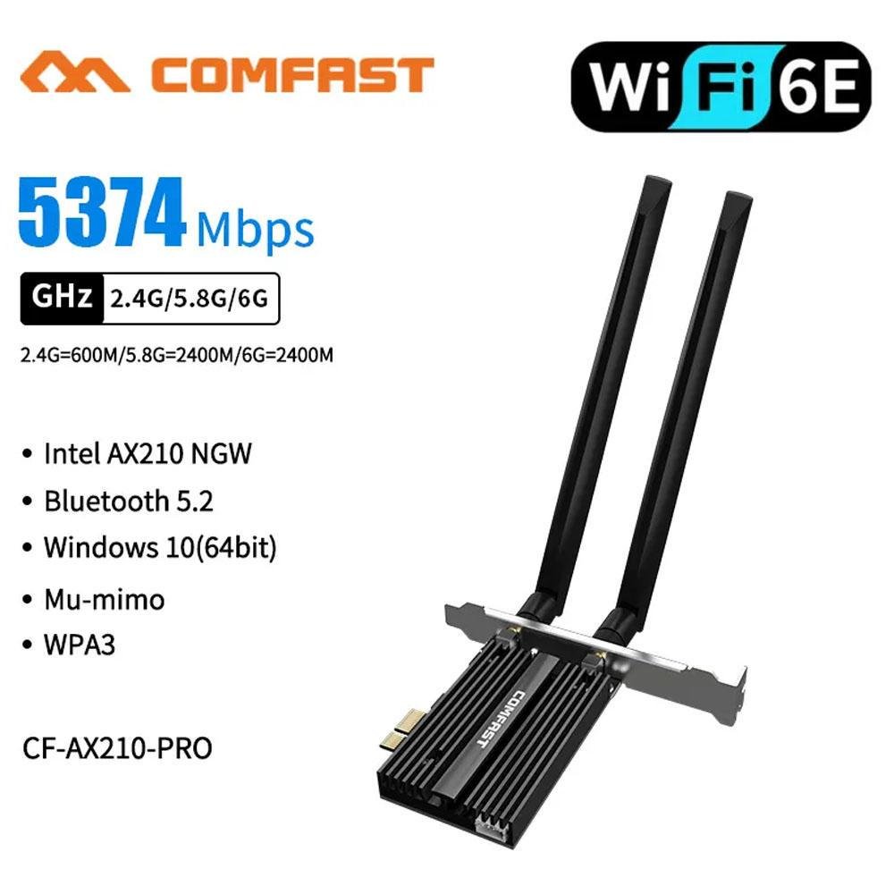 Placa Wifi-6e PCie Cf-ax210pro Bt5.2 Comfast, Band 2.4/5/6Ghz ,5374Mbps
