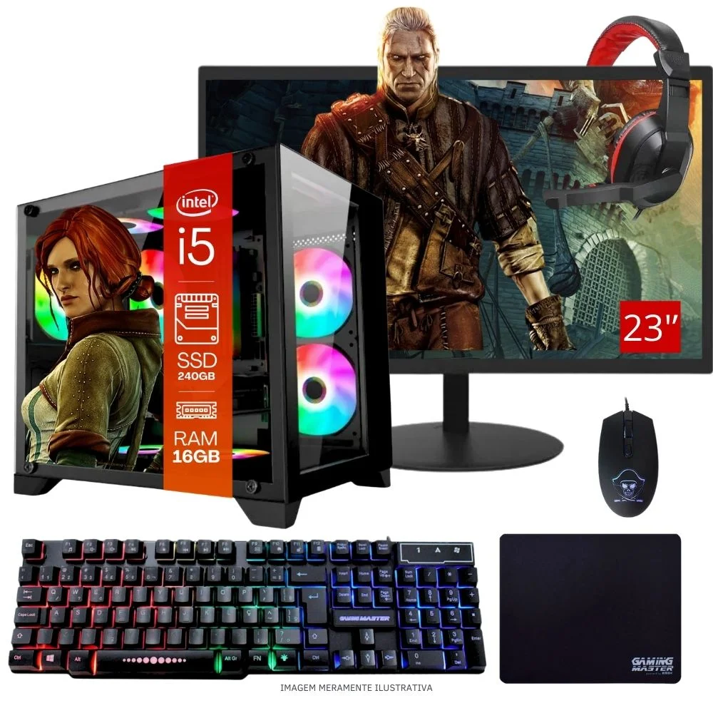 "Computador PC Gamer Completo Balão.info Intel Core I5 SSD 240GB 16gb Gabinete Aquário Teclado Mouse Mouse Pad E Headset Gamer Monitor 23"" WINDOWS 10 Pro Trial"