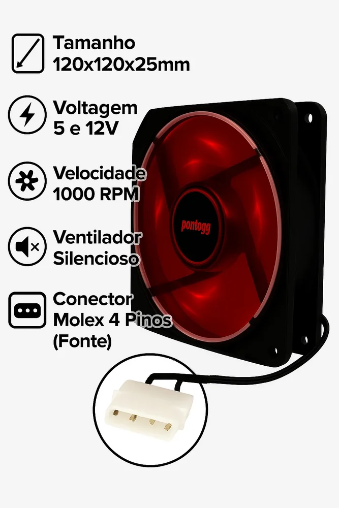 Cooler Fan Pontogg Basic Vermelho 4 LEDs. Cooler Fan Pontogg Basic Vermelho 4 LEDs.