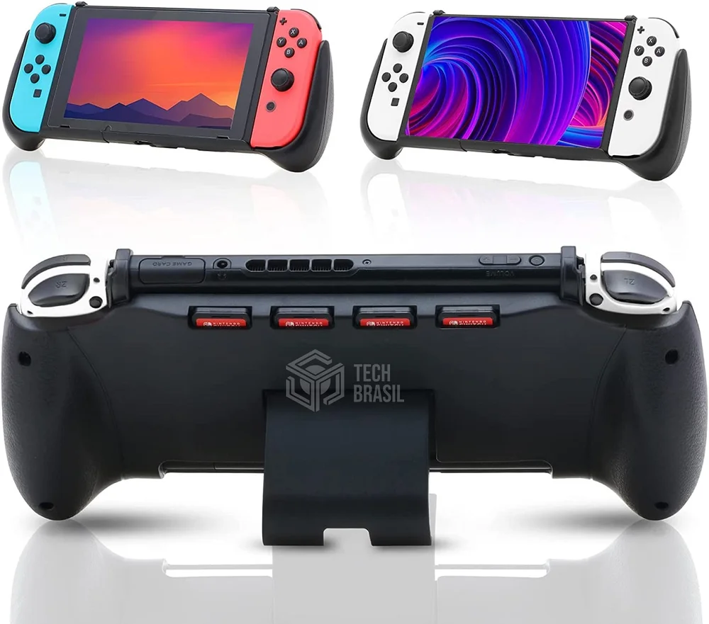 Grip Suporte De Mão Stand Para Nintendo Switch E OLED Slot Para 4 Jogos Preto Grip Suporte De Mão Stand Para Nintendo Switch E OLED Slot Para 4 Jogos Preto
