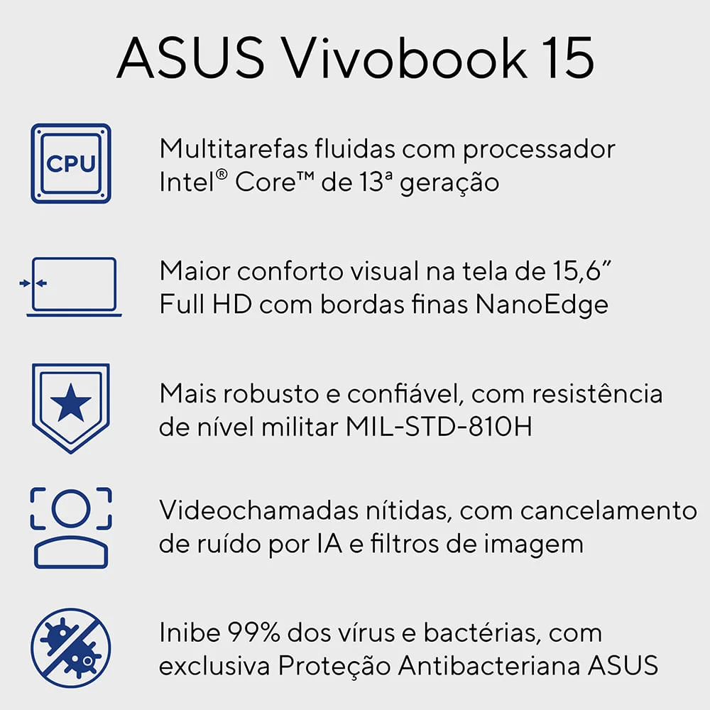 Notebook Asus Vivobook 15 X1504va Intel Core i5 1334u, 8GB RAM, SSD 512GB, Intel Iris Xe, Tela 15.6" FHD, Windows 11, Silver - Nj1740w. Notebook Asus Vivobook 15 X1504va Intel Core i5 1334u, 8GB RAM, SSD 512GB, Intel Iris Xe, Tela 15.6" FHD, Windows 11, Silver - Nj1740w.