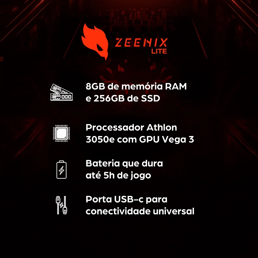 Console Portátil TecToy Zeenix Lite 8GB RAM 256GB SSD - PC Gamer Preto