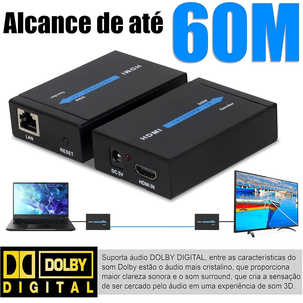 Extensor HDMI Rj45 60mts Full Hd 1080p Compativel Com PC Ps4 Ps5 XBOX Extensor HDMI Rj45 60mts Full Hd 1080p Compativel Com PC Ps4 Ps5 XBOX