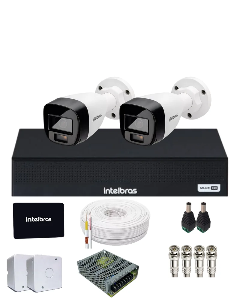 Kit 2 Câmeras Intelbras Full Color 1220b Imagens Coloridas Dia E Noite  Gravador Intelbras 1104-c SSD 512gb Incluso.