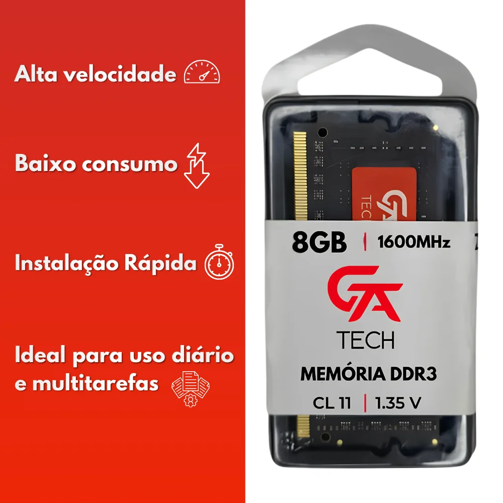 Memória Ram Notebook 8GB Gta Tech Ddr3l 1600mhz Cl11 1.35v Low Voltage Memória Ram Notebook 8GB Gta Tech Ddr3l 1600mhz Cl11 1.35v Low Voltage