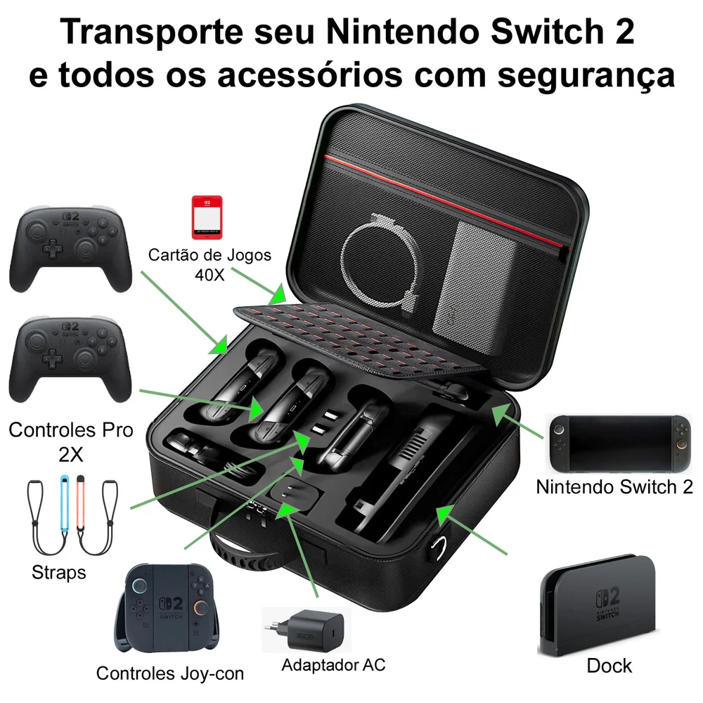 Bolsa Nintendo Switch 2 Viagem Grande Cabe Todos Acessórios Com 2 Controles Pro