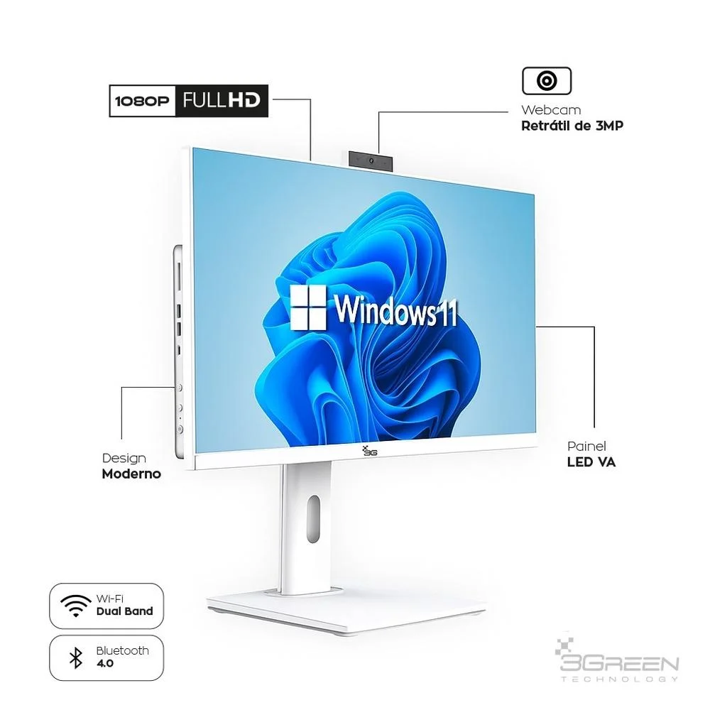 "Computador All In One 24"" Branco, Intel i3 9100, 16gb Ddr4, SSD 512gb, WINDOWS 11  , Webcam, Wi-fi, 3green Unique" em Campinas - foto 4